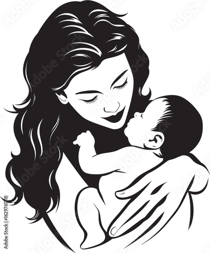 Motherly Care in Black Vector Design Black Silhouette of Loving Mother Hugging Baby