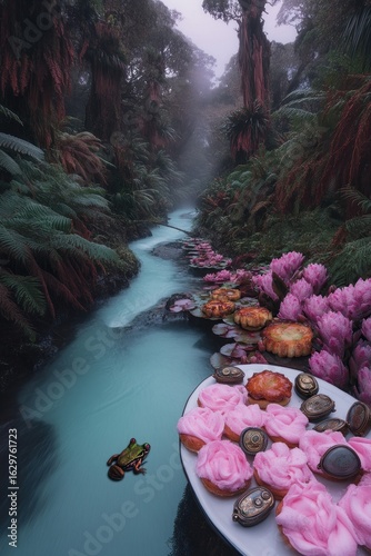 Enchanting river scene with pastries and a frog