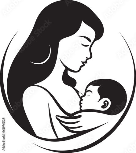 Graceful Mother with Baby in Black Design Stylish Mother Holding Child in Vector
