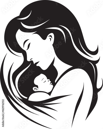 Stylish Mother Holding Child in Vector Protective Mother’s Hug in Black Art