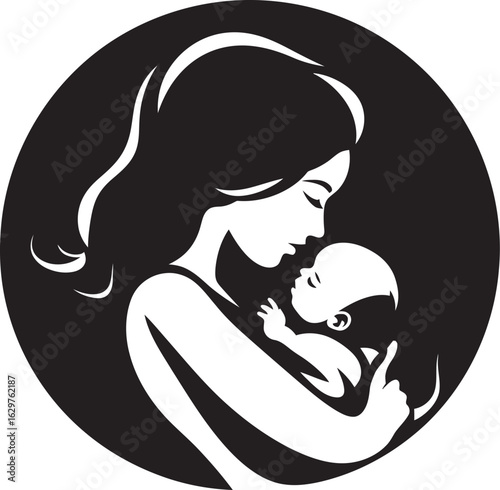 Soft Mother Holding Child in Black Mother and Baby in Black Vector Embrace