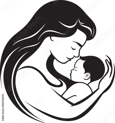 Modern Mother and Child in Black Vector Protective Mother Cradling Infant in Black