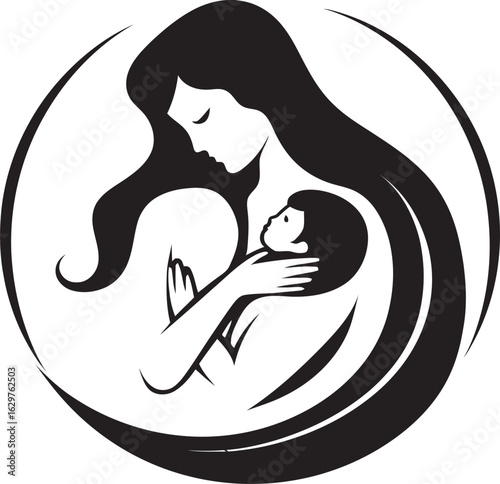 Protective Hug Mother and Child Silhouette Modern Mother Cradling Infant Black Icon