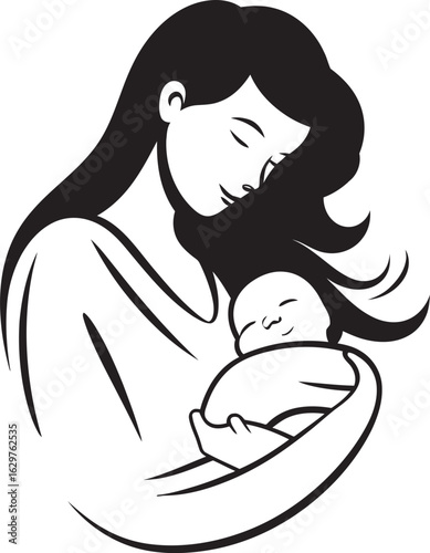 Elegant Mother and Child Hug Black Art Mother’s Loving Embrace Black Vector Icon