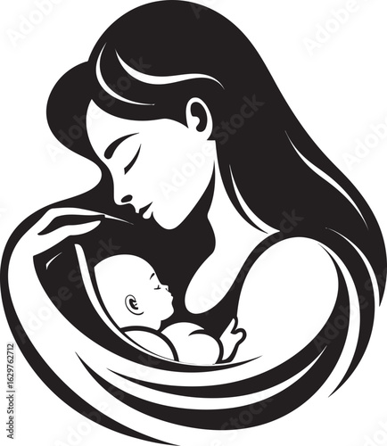 Protective Mother Holding Baby Outline Modern Mother and Child Black Design
