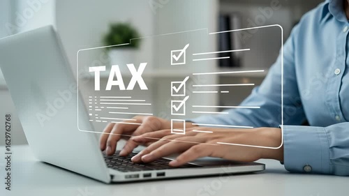 Online Tax Filing: Woman Typing on Laptop Completing Digital Tax Form, Checklists, and Financial Obligations