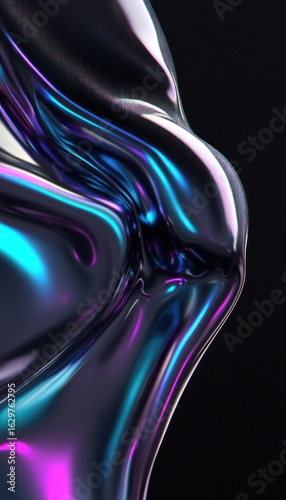 Abstract metallic form, iridescent, flowing, dark background