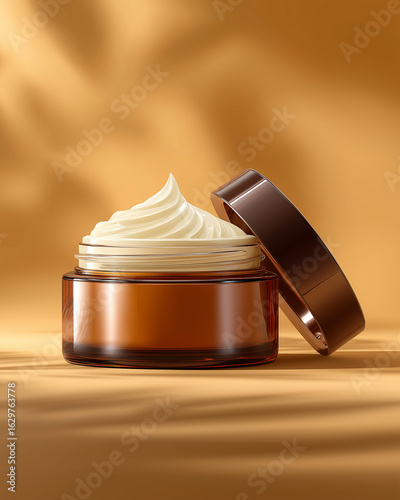 3D Realistic Skincare Jar Mockup – Open Lid with Cream Texture (Floating Shadows)