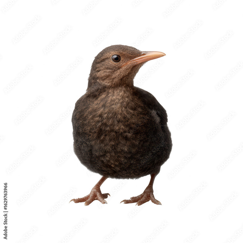Obraz premium A small brown bird stands upright against a white isolated background, showcasing its distinctive features and personality.