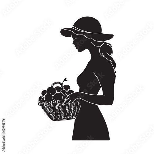 Woman Holding Basket silhouette, Woman holding the fuits basket silhouette, A silhouette of a Woman holding a basket of fresh fruits