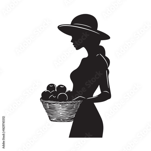 Woman Holding Basket silhouette, Woman holding the fuits basket silhouette, A silhouette of a Woman holding a basket of fresh fruits