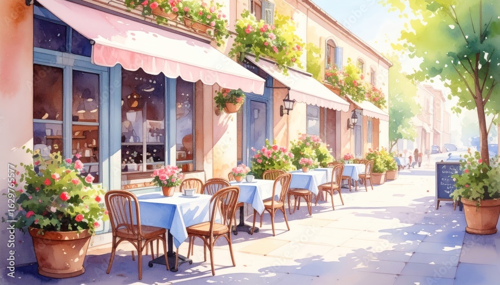 Fototapeta premium Charming Cafe Terrace Watercolor Painting with Sunlit Tables and Pink Flowers