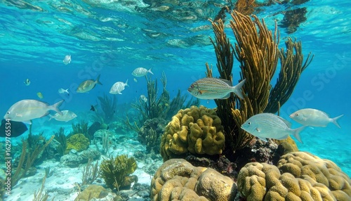 Vibrant marine ecosystem teeming with diverse fish species near coral reefs