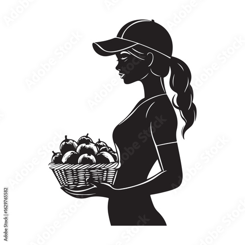 Woman Holding Basket silhouette, Woman holding the fuits basket silhouette, A silhouette of a Woman holding a basket of fresh fruits