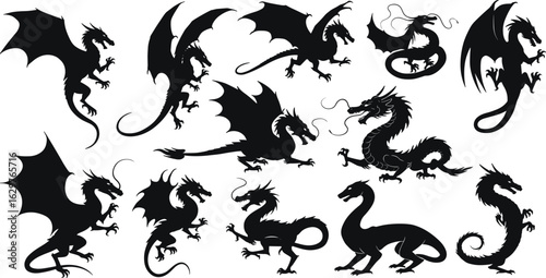 Black dragon silhouettes collection, fantasy mythical creatures