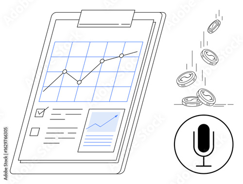 Financial report with rising line graph, coins symbolizing profit, checklist, microphone. Ideal for finance, business growth, analytics, presentations, fintech auditing simple landing page