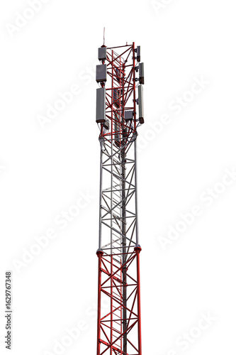 Tower of radio frequency communication facilities: mobile networks, broadcast equipment for transmitting electronic signals over long distances isolated on transparent background with clipped path