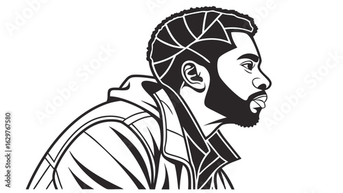 Modern man in profile: A striking monochrome portrayal of a modern man, his gaze directed towards the future with determination and style. This graphic emphasizes strength, vision.