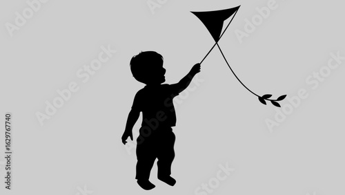 Child with Kite: A silhouette of a young child joyfully flying a kite against a simple backdrop, representing the innocence and carefree spirit of childhood. 