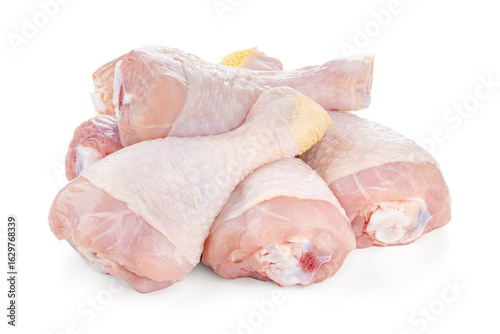 Raw chicken legs on white background isolated. Chicken meat. Diet meat.
