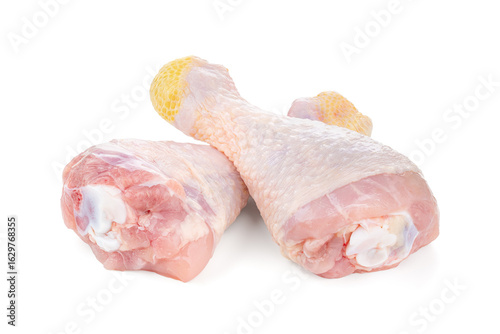 Raw chicken legs on white background isolated. Chicken meat. Diet meat.

