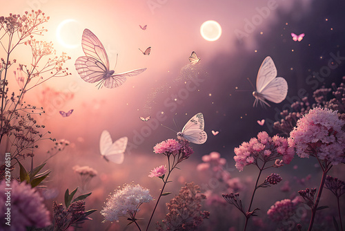 Enchanting scene of delicate white butterflies fluttering gracefully amongst soft pink flowers under a warm glowing sunset sky with a full moon