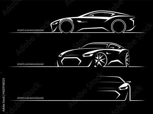 Set of sports car silhouettes, outlines, contours. Side, 3/4 and front view. Abstract hand-drawn modern sports coupe isolated on black background. For automotive themed branding, banners, signboards.