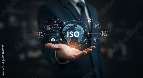Business Professional Holding a Globe with ISO Logo