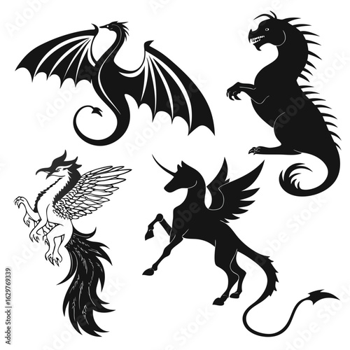 Set of fantasy creature silhouettes in flat black, isolated on white background, includes unicorn, dragon, phoenix, griffin, mermaid, centaur

