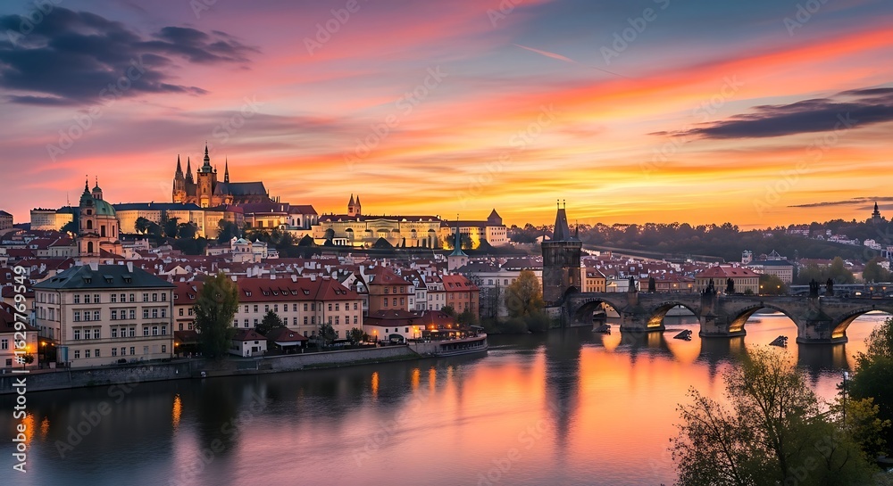 Naklejka premium Panoramic sunset view of Prague Castle and Charles Bridge over Vltava River