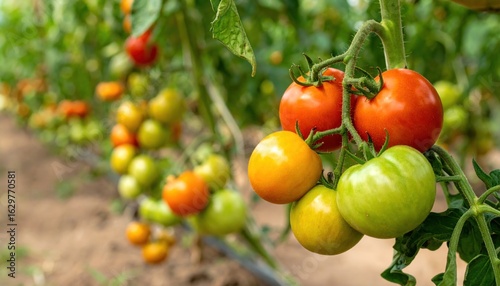 Vibrant tomato assortment growing on lush vines in an agricultural greenhouse setting