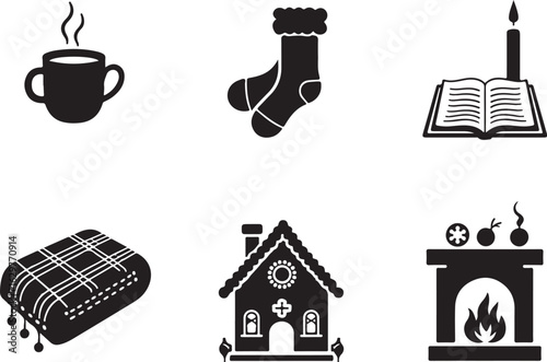 Cozy winter icons cozy home comforts warm drink blanket book fireplace