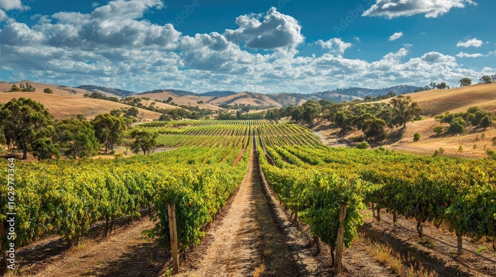 Fototapeta premium Vast, orderly vineyards stretch to the foot of the mountain. The sky is clear and blue, with clouds floating across the sky.