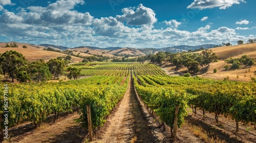Vast, orderly vineyards stretch to the foot of the mountain. The sky is clear and blue, with clouds floating across the sky.