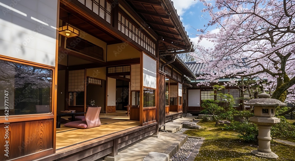 Fototapeta premium Traditional Japanese house with open sliding doors overlooking a garden with cherry blossoms in full bloom.