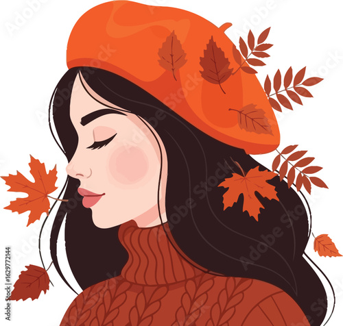 Autumn girl with beret and leaves fall fashion vector artwork