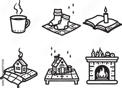 Cozy hygge icons for winter comfort and relaxation