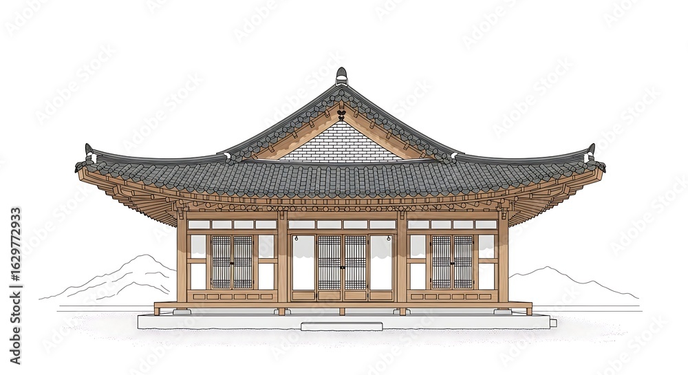 Obraz premium Illustration of a traditional Korean building with a tiled roof, wooden structure, and mountain backdrop.