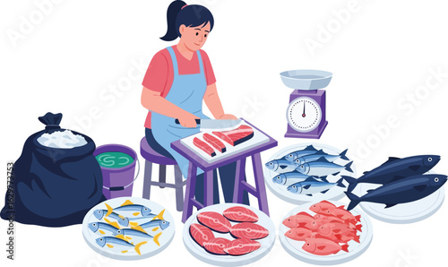 Fishmonger preparing fresh seafood at the local fish market