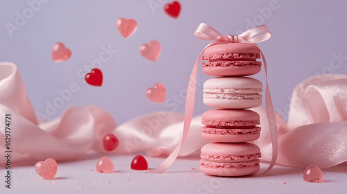A stack of macarons with heart-shaped candies and a pink ribbon.