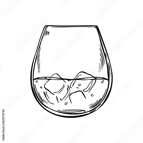 Glass of scotch whiskey and ice cubes monochrome vector illustration. Cold cocktail, bourbon or brandy shot etching drawing. Alcohol drink in tumbler for bar menu, alcohol branding, nightlife poster.