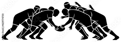 Rugby player tackling opponent and rugby team scoring try with ball flying through air freely