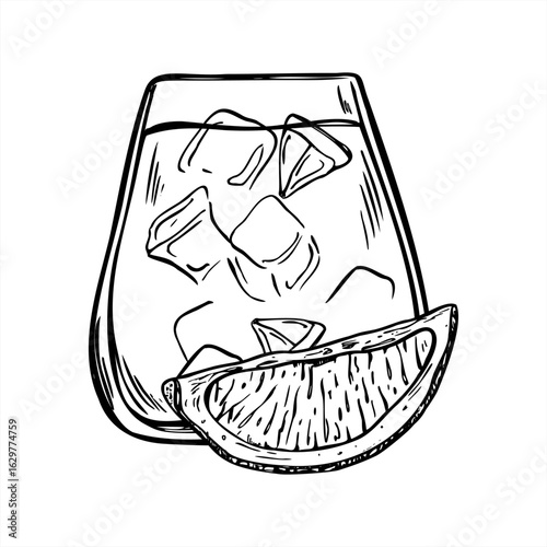 Glass with lemon tonic, ice cubes and lemon slice monochrome vector illustration. Cold water nonalcoholic beverage etching drawing. Drink in tumbler for summer drink design, healthy lifestyle concept.