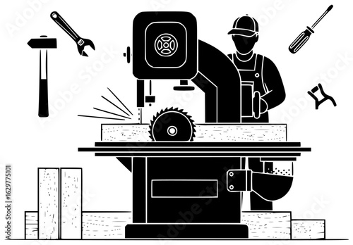 Saw equipment lying on a table with equipment hanging from hooks and stored nearby