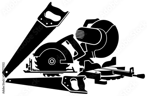 Saw equipment lying on a table with equipment hanging from hooks and stored nearby
