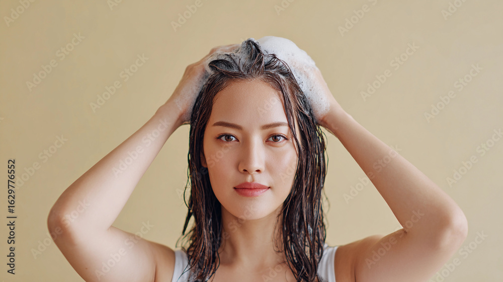 Fototapeta premium Young woman washing her hair with shampoo while standing in a bright, neutral-toned bathroom during daylight