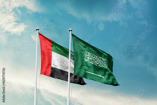 Fotografía United Arab Emirates Saudi Arabia friendship flags are waving in the sky