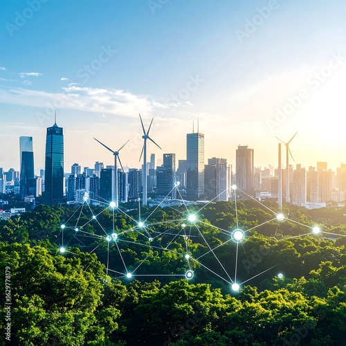 Sustainable city skyline with wind turbines and interconnected network