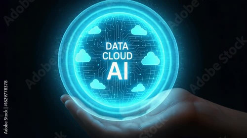 A hand holding a glowing digital globe labeled DATA CLOUD AI with cloud icons and circuit patterns.