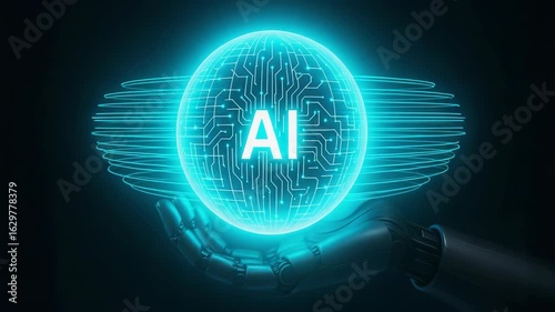 A robotic hand holds a glowing digital sphere with the letters AI, symbolizing artificial intelligence technology.